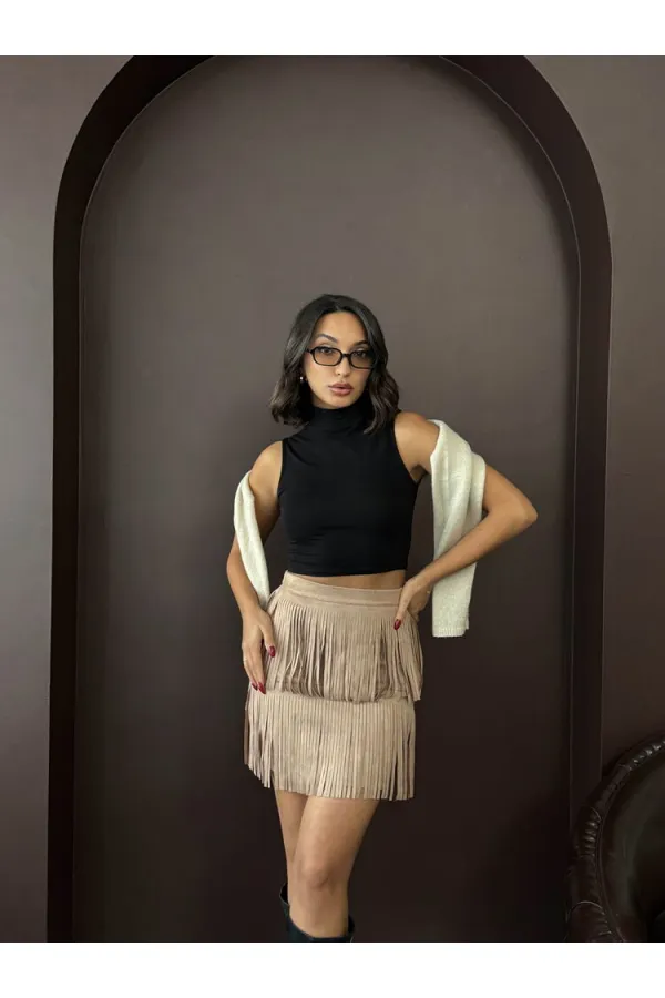 Jupe Topshow en daim scuba à franges - Vison | F2030