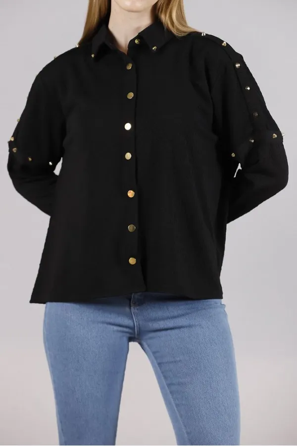 Metal Detailed Wholesale Shirt - Black | TOPSHOW | F1326