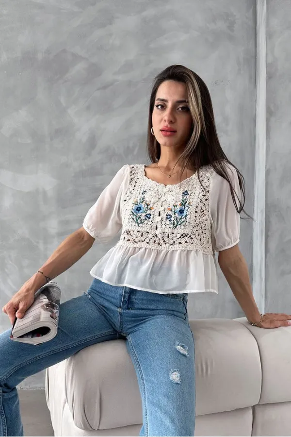 Topshow Stone Cream Embroidered Wholesale Blouse