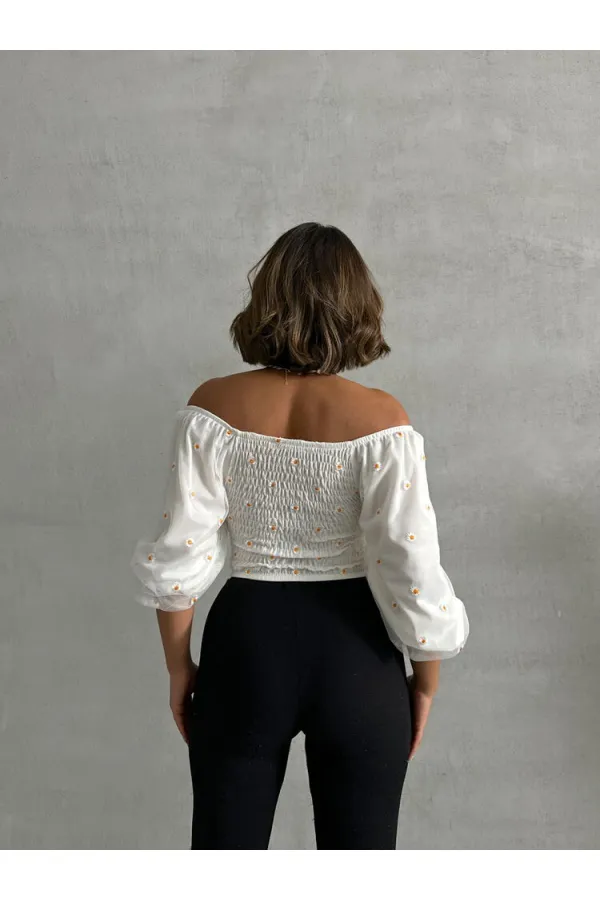 Gipeli Papatya Desenli Toptan Bluz - Krem | TOPSHOW | F0988