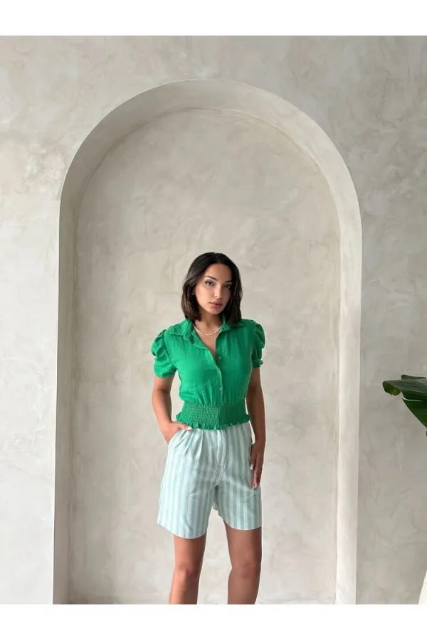 Topshow Çağla Çizgili Kemerli Keten Toptan Şort