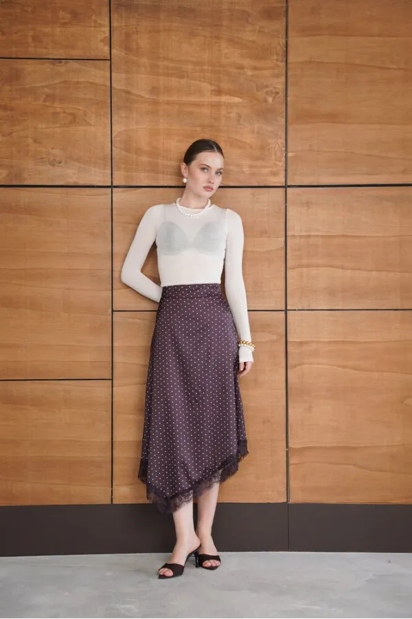 Jupe en satin à pois et détails en dentelle - Marron | F2077 - Topshow