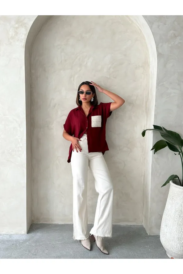 Aplike Cepli Keten Toptan Gömlek - Bordo | Topshow