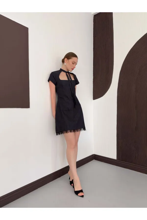 Dantel Detaylı Kot Elbise - Lacivert | D3041 Topshow