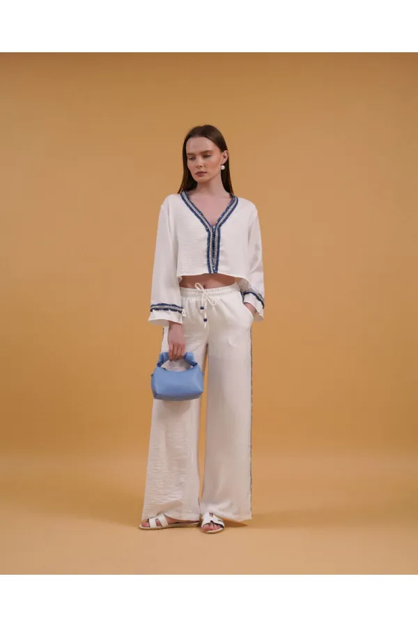 Denim Striped Wholesale Trousers - Cream | Topshow | F1890