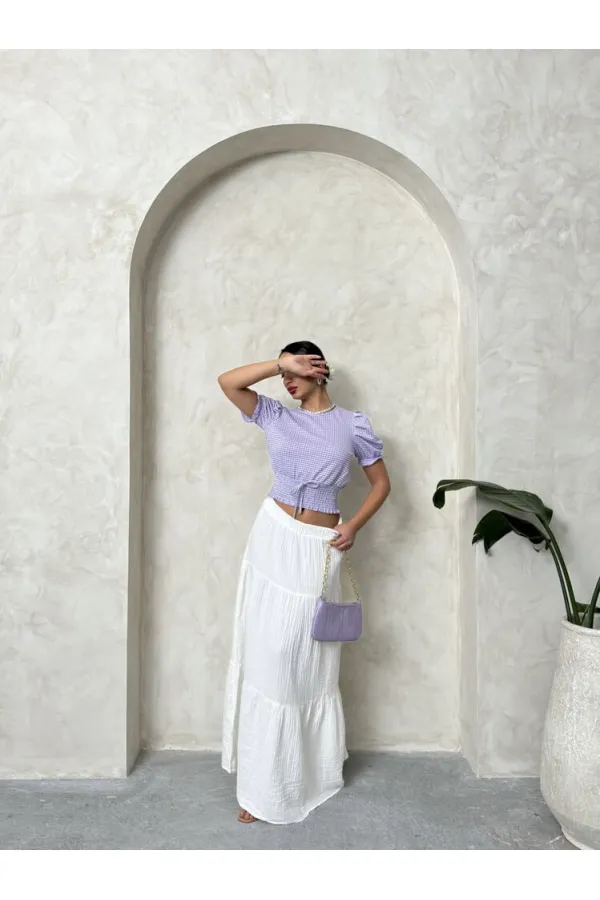 Topshow Lila Beli Gipeli Pitikareli Toptan Bluz