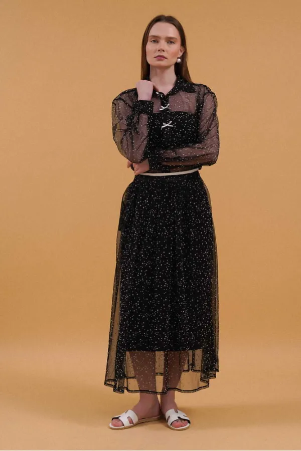 Jupe à pois ornée d'un nœud - Noir | Topshow | F1906