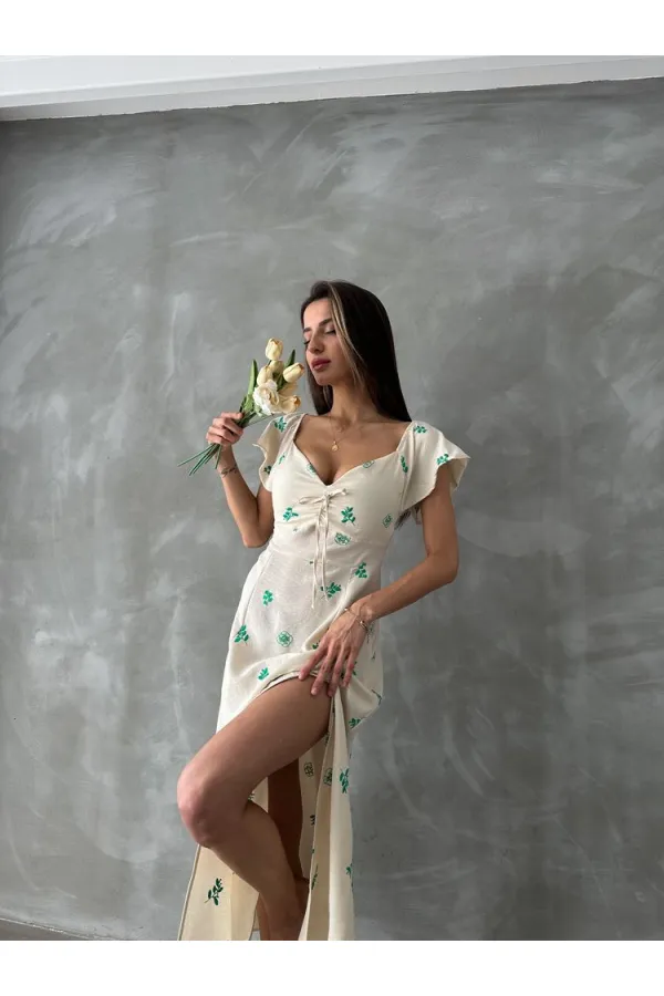 Topshow Emerald Pattern Ruffle Sleeve Tied Wholesale Dress