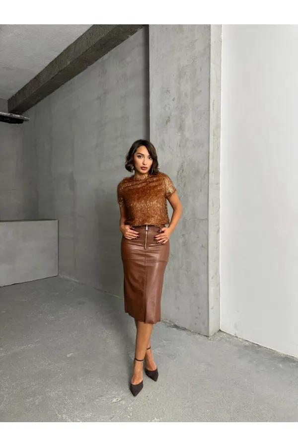 Simli Saçaklı Toptan Bluz - Kahve | TOPSHOW | F1832