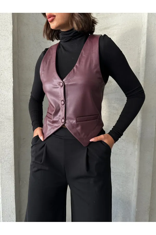 Gilet en cuir boutonné en gros - Rouge bordeaux | TOPSHOW | F1503