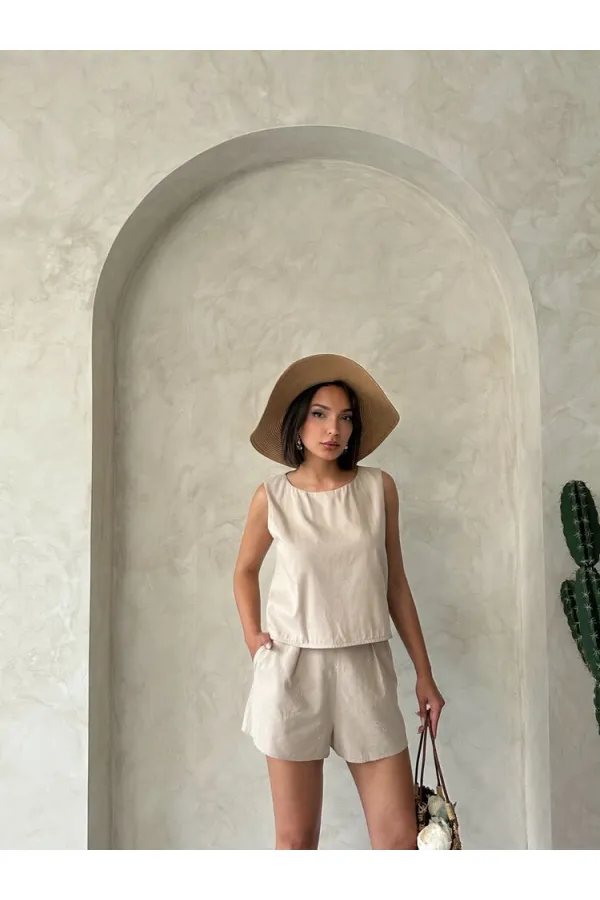 Fiyonk Taş Baskılı Kolsuz Bluz - Taş | Topshow