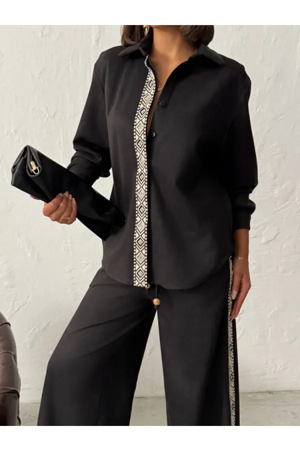 Topshow Şerit Detaylı Scuba Süet Pantolon - Siyah | F1973