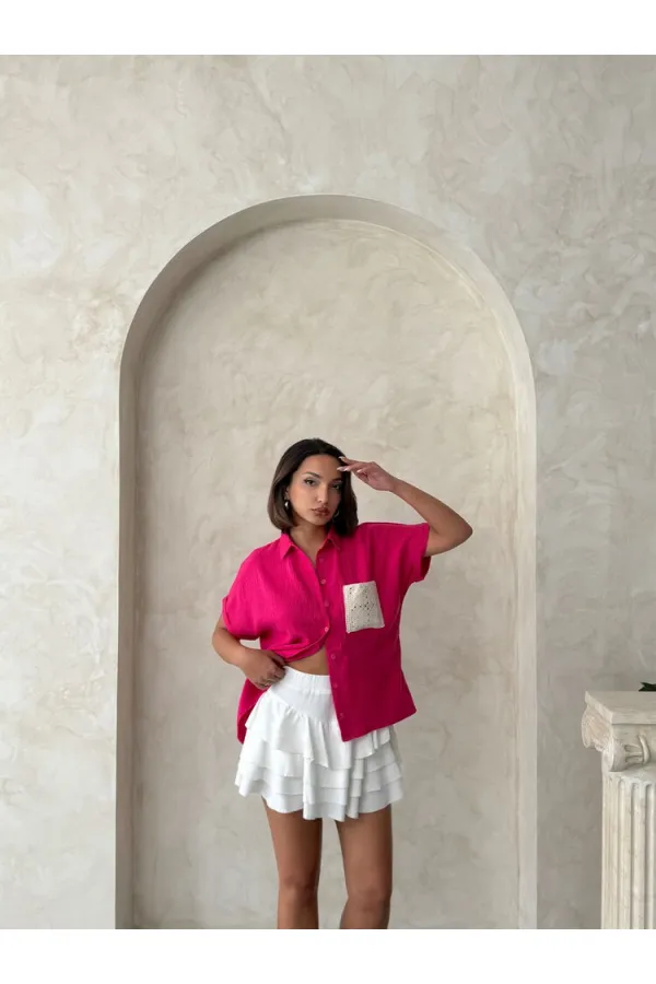 Topshow Fuşya Keten Ham Cep Aplik Cepli Keten Toptan Gömlek