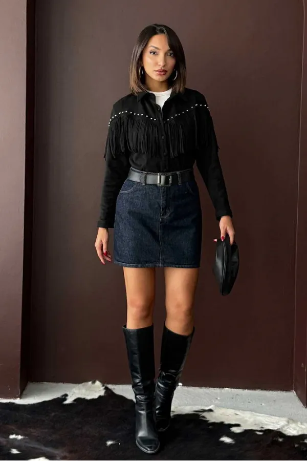 Chemise Topshow à franges en daim scuba - Noir | F2029