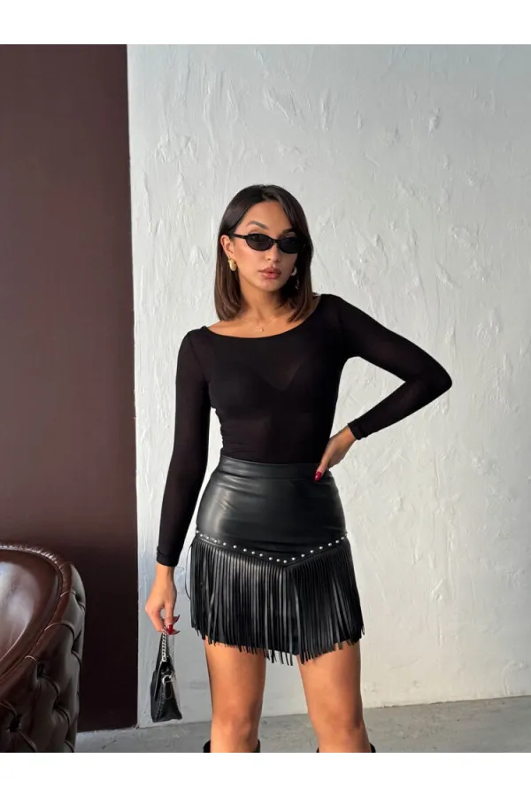 Topshow Western Style Tassel Mini Leather Wholesale Skirt - Black | F2041