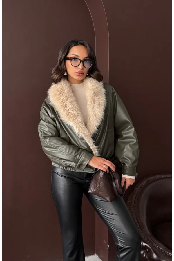 Yakası Kürklü Kruvaze Deri Mont - Haki