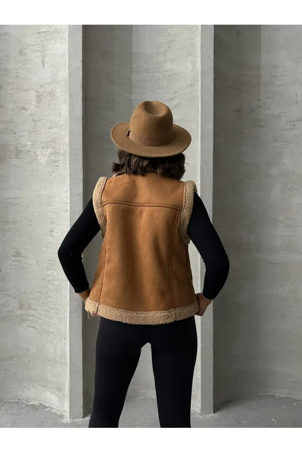 F Suede Collar Furry Wholesale Vest - Tan | TOPSHOW | F1532