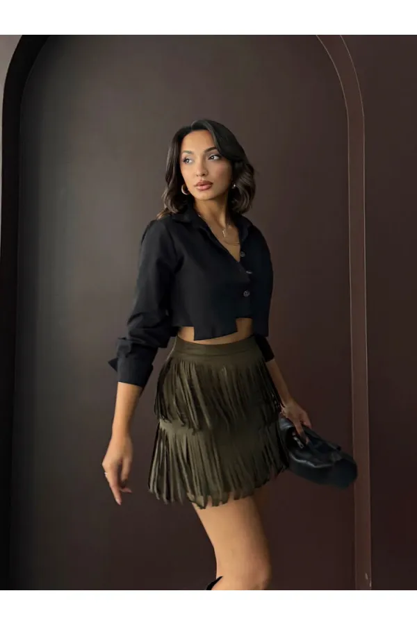 Topshow Tasseled Scuba Suede Skirt - Khaki | F2030