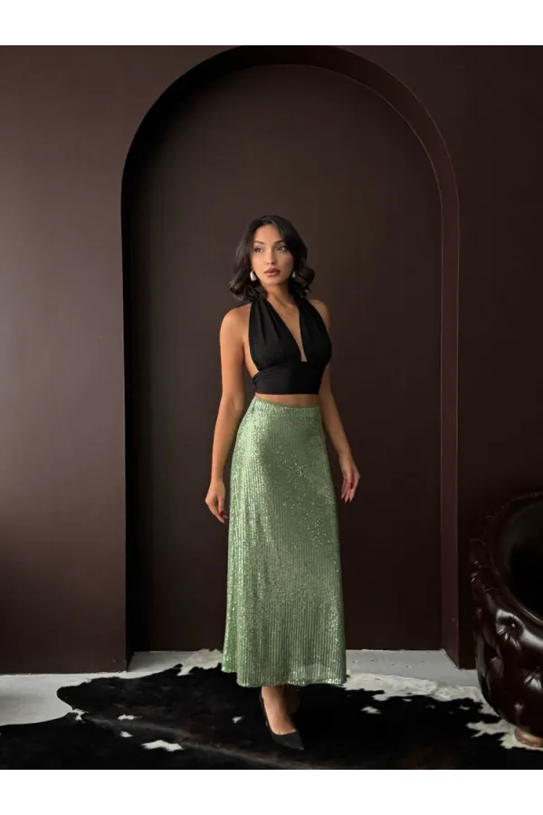 Topshow Haki Payetli Uzun Etek - Yüksek Bel, Şık Gece Elbisesi Kombini