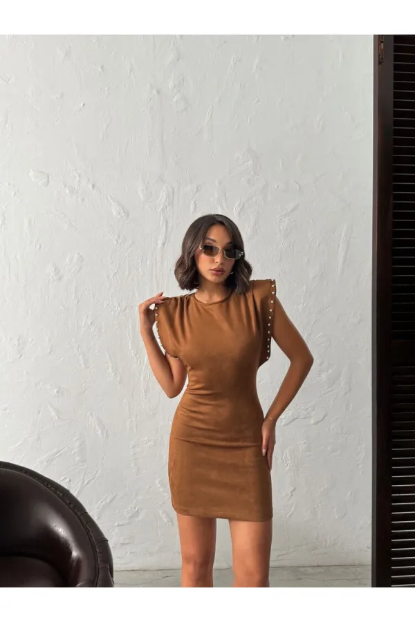 Topshow - Toptan Droplu Scuba Süet Elbise - Taba