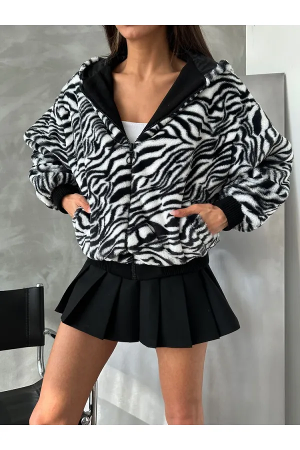 Bakılı Peluj Toptan Mont - Siyah Zebra | TOPSHOW | F1650
