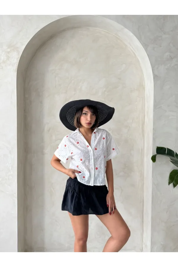 Nakışlı Brode Toptan Gömlek - Kırmızı Dsn1 | Topshow