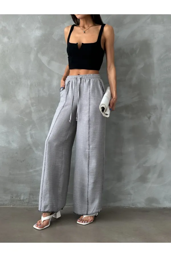 Pantalon droit en lin brodé - Gris | TOPSHOW | F1675