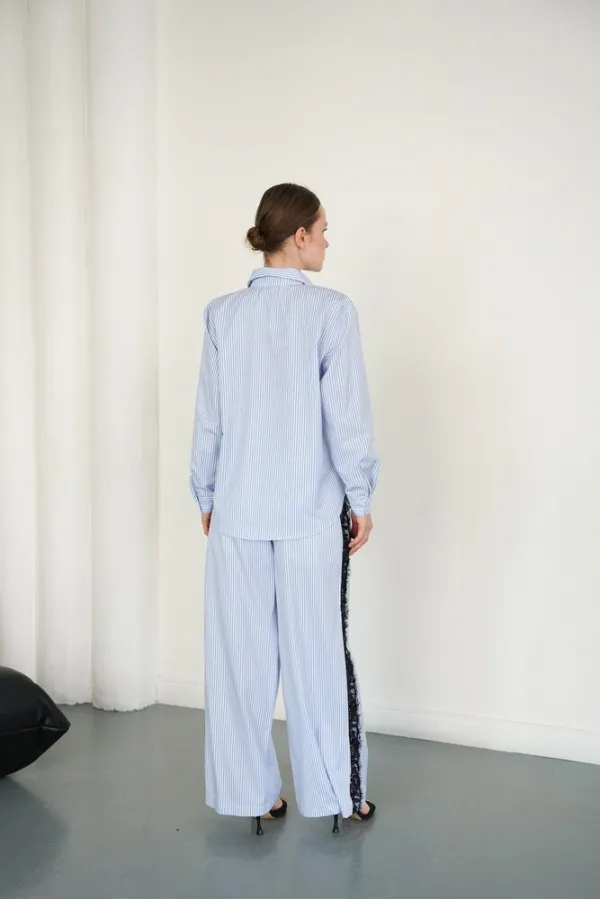 Lace Detail Striped Wholesale Trousers - Blue | F2083 - Topshow