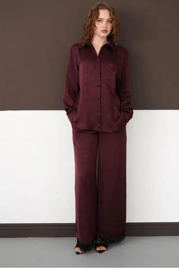 Pleated Hem Lace Wholesale Trousers - Plum | F2102 - Topshow
