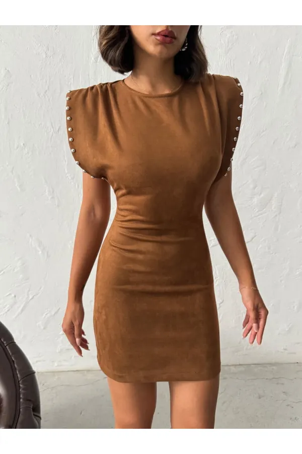 Topshow - Toptan Droplu Scuba Süet Elbise - Taba