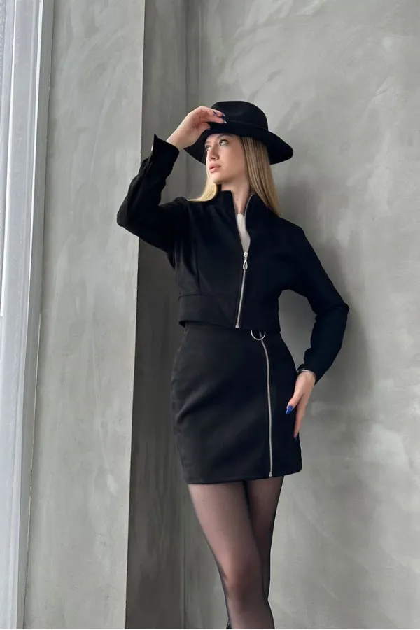 Süet Crop Toptan Mont - Siyah | TOPSHOW | F1551