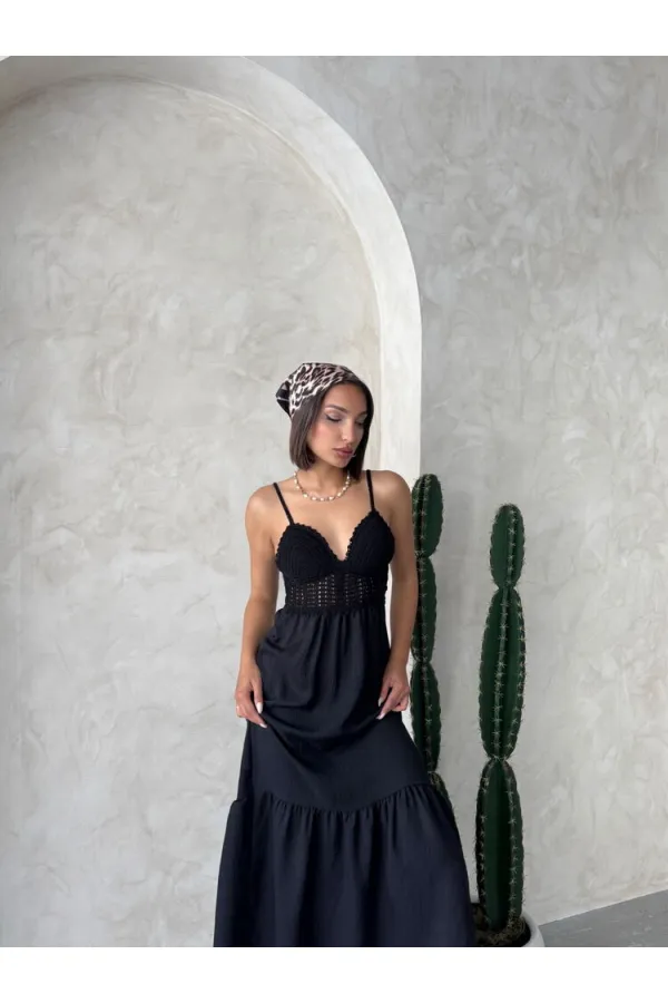 Robe longue Topshow en lin noir à bretelles et col en V, vente en gros