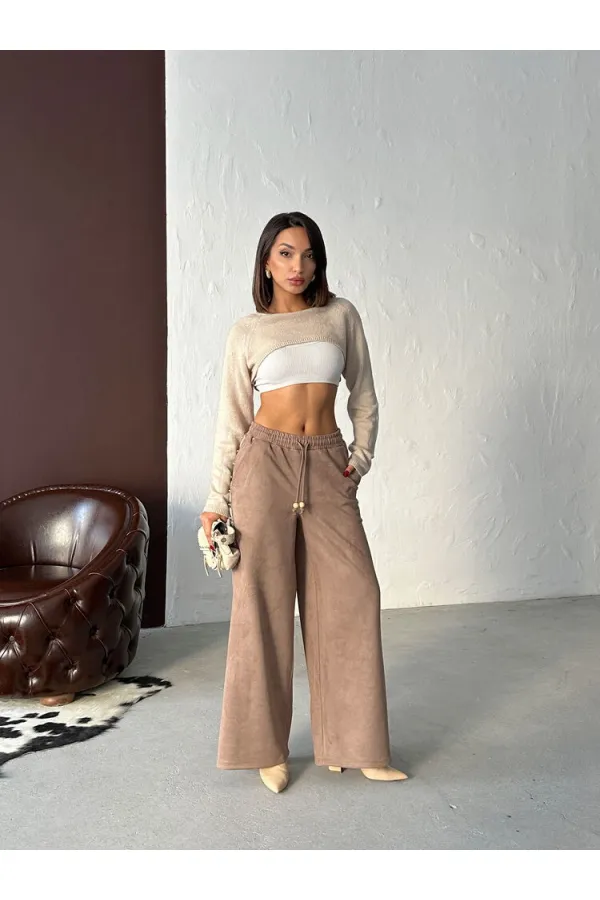 Pantalon Topshow en daim scuba à rayures - Marron clair | F1972