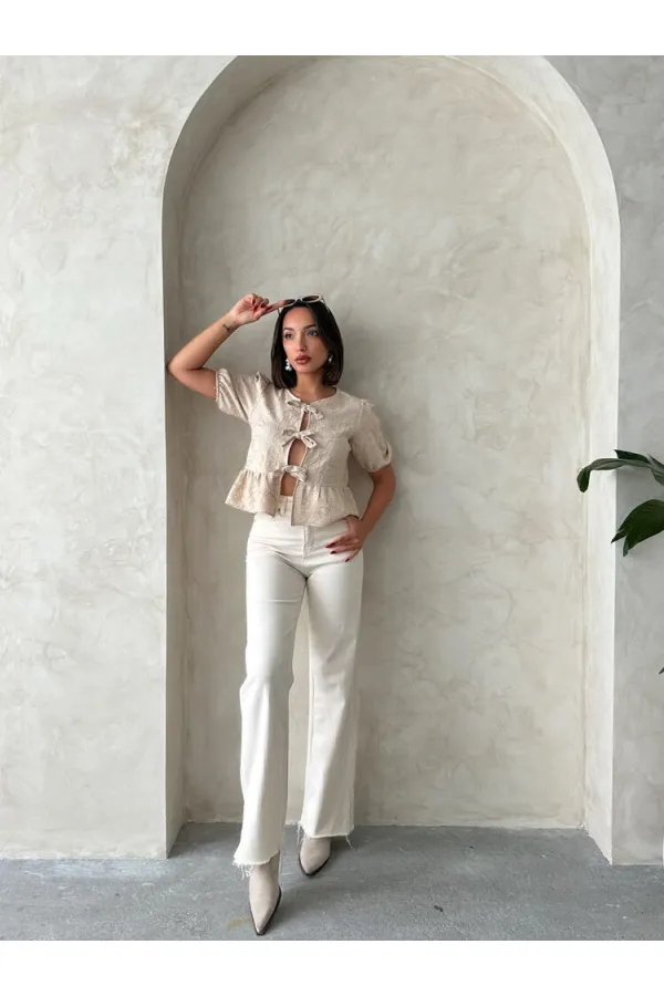 Önden Bağlamalı Nakışlı Toptan Bluz - Taş | Topshow