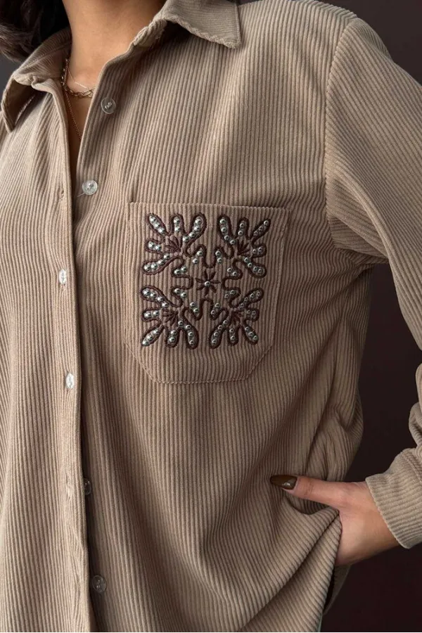 Topshow Embroidered Corduroy Shirt with Pocket - Mink | F1997