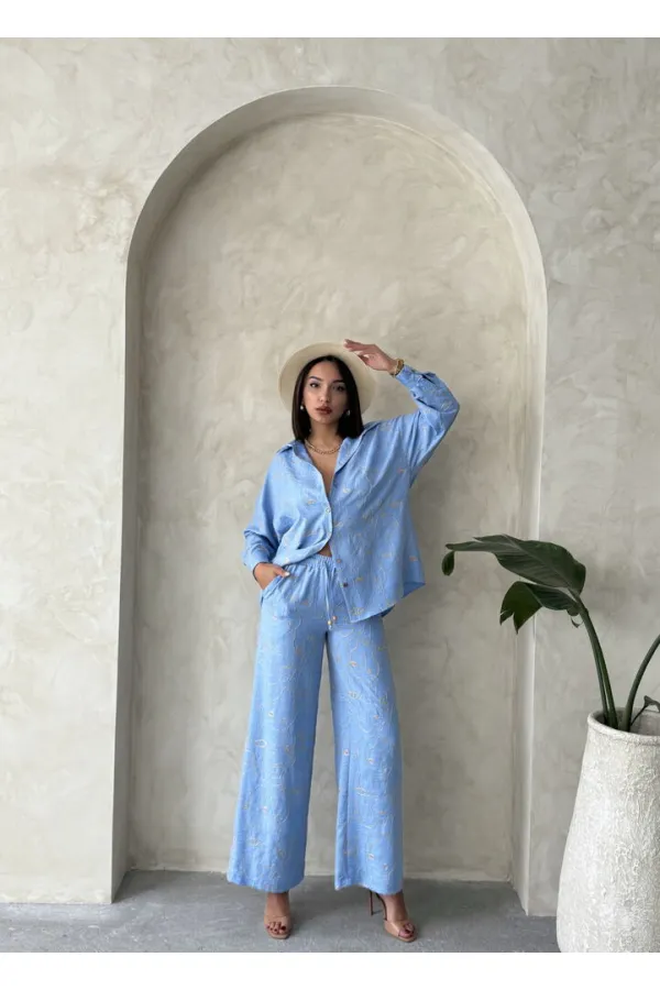 Nakışlı Toptan Pantolon - Açık Mavi | Topshow | F1900