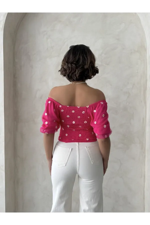 Topshow Fuchsia Gipe Detailed Patterned Chiffon Wholesale Blouse