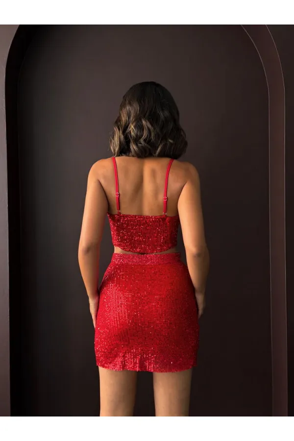 Topshow - Mini-jupe à sequins en gros - Mode chic pour les soirées et les fêtes - Rouge