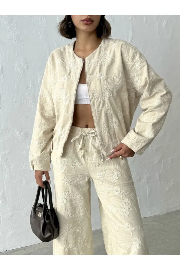 Çiçek Nakışlı Fermuarlı Ceket - Taş | Topshow | F1948