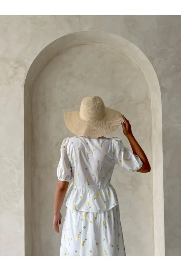 Önden Bağlamalı Nakışlı Vual Bluz - Sarı | Topshow