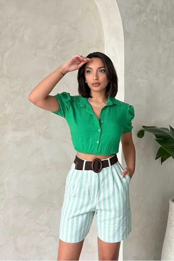 Topshow Çağla Çizgili Kemerli Keten Toptan Şort