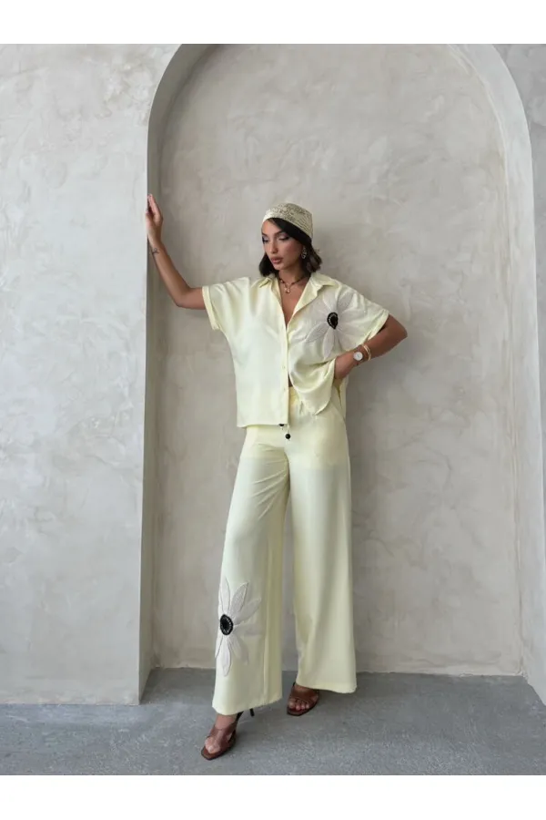 Çiçek Detaylı Pantolon - Sarı | Topshow