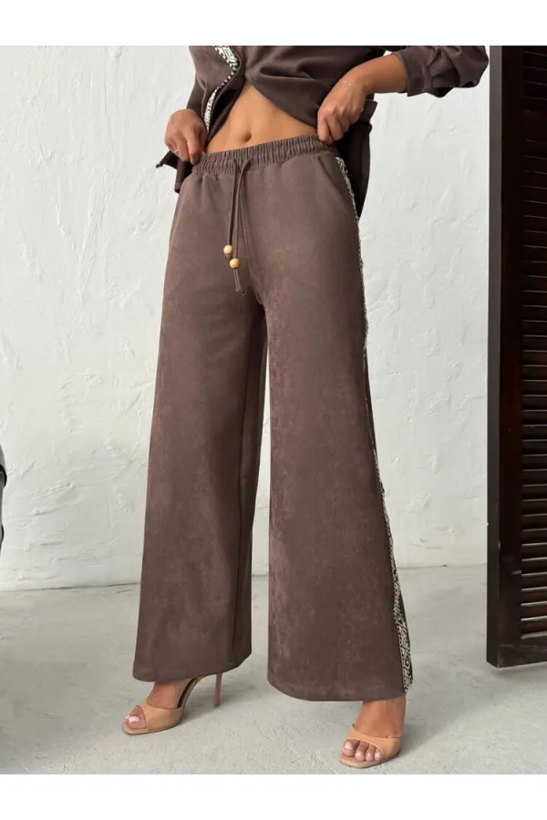 Topshow Şerit Detaylı Scuba Süet Pantolon - Taş | F1972