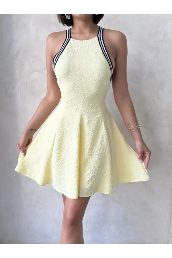 Şeritli Kolsuz Elbise - Sarı Topshow