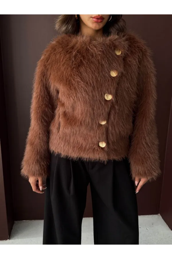 Topshow - Wholesale Rabbit Fur Buttoned Coat - Light Brown