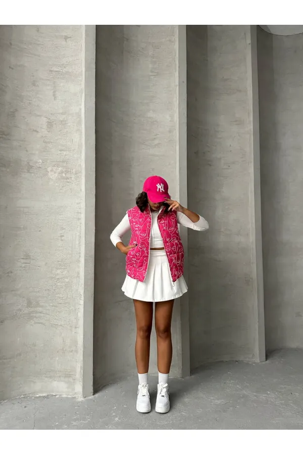 Karışık Baskı Desenli Elyaflı Şişme Toptan Yelek - Fuşya | TOPSHOW | F1749