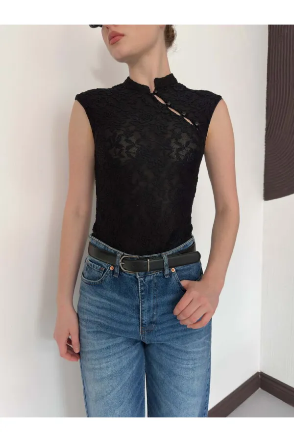 D 2997 KOLSUZ DANTEL BLUZ - SİYAH