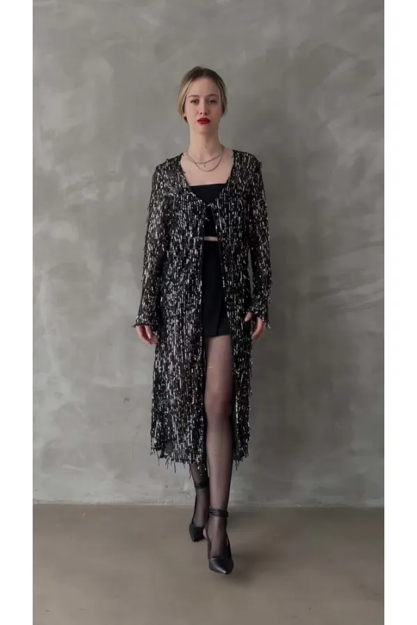 Uzun Toptan Hırka - Siyah Gümüş | TOPSHOW | F1618