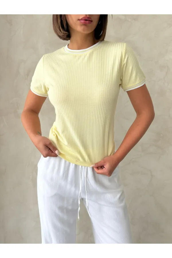 Bisiklet Yaka t-Shirt   Sarı Krem | Topshow