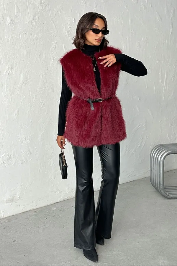 Topshow - Toptan Suni Kürk Yelek - Bordo